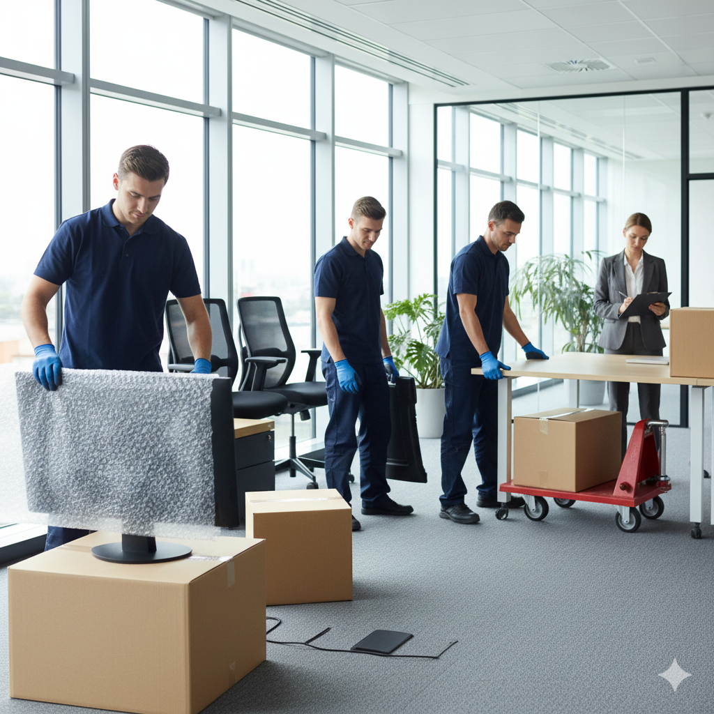 Professional movers carrying a wrapped couch into a new house during relocation
