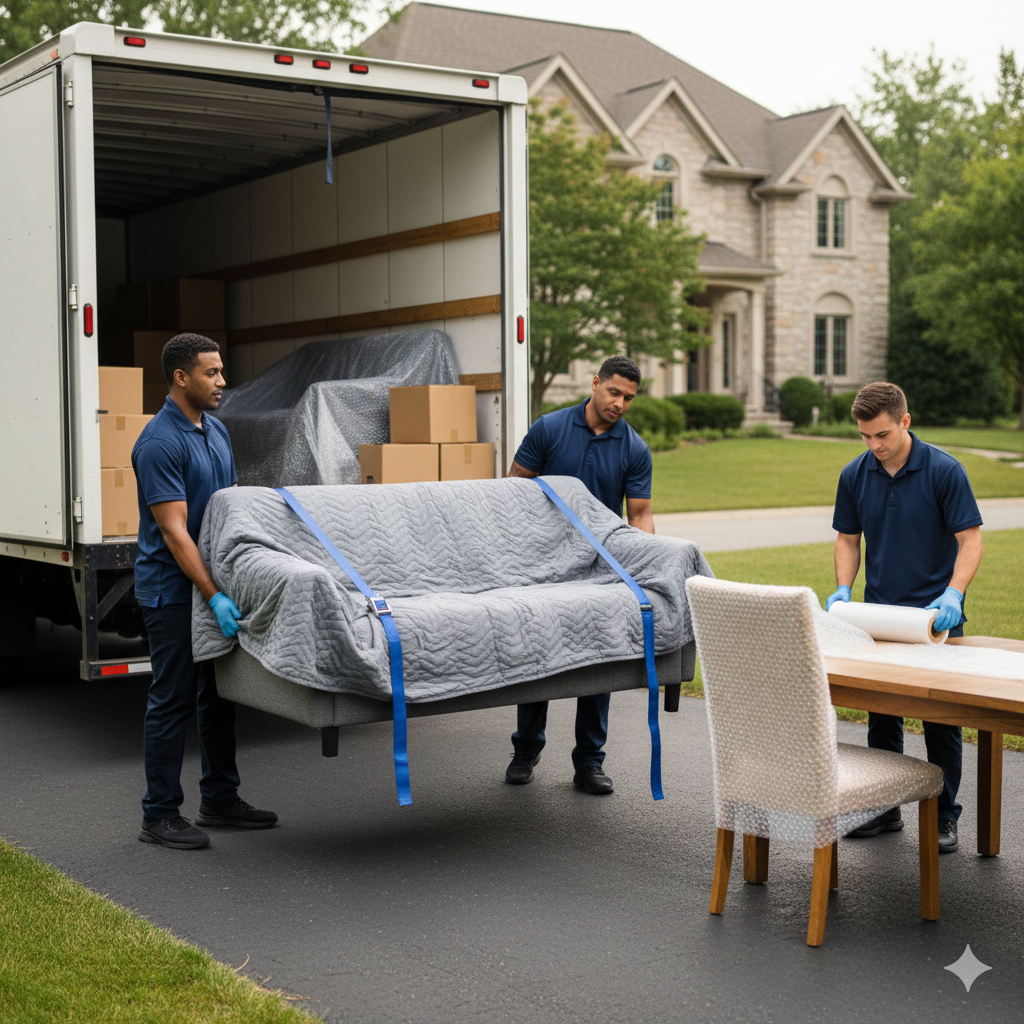 Experienced movers carrying a wrapped sofa into a modern living room